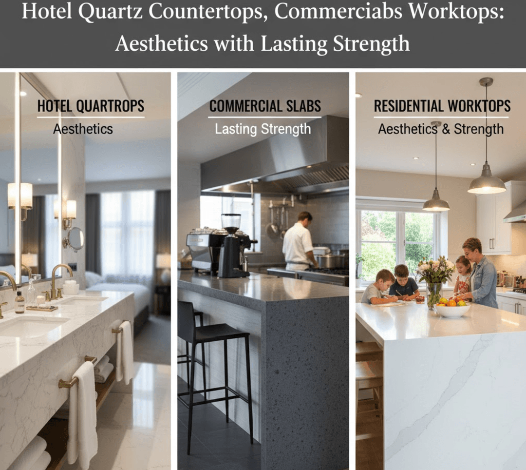 Bancadas de quartzo de hotéis, lajes comerciais, bancadas residenciais: estética com resistência duradoura
