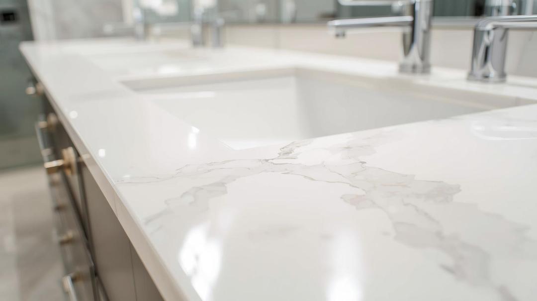 Mặt bàn đá thạch anh cho phòng tắm: Bề mặt hợp vệ sinh, bền bỉ và được chế tác tinh xảo cho không gian hiện đại.