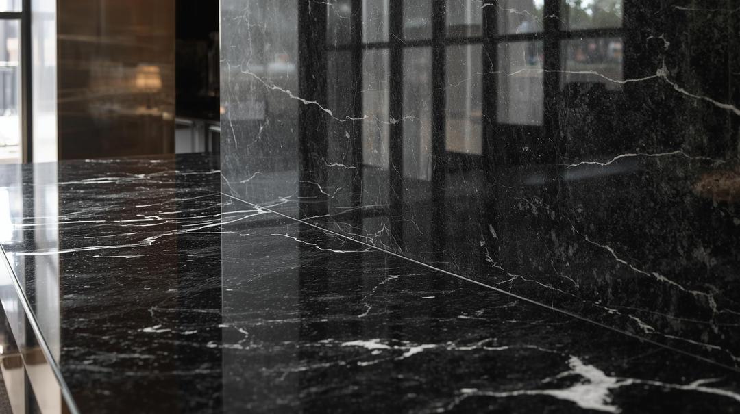 Tấm đá thạch anh bóng cao cấp: Bề mặt phản chiếu cho nội thất và không gian thương mại.